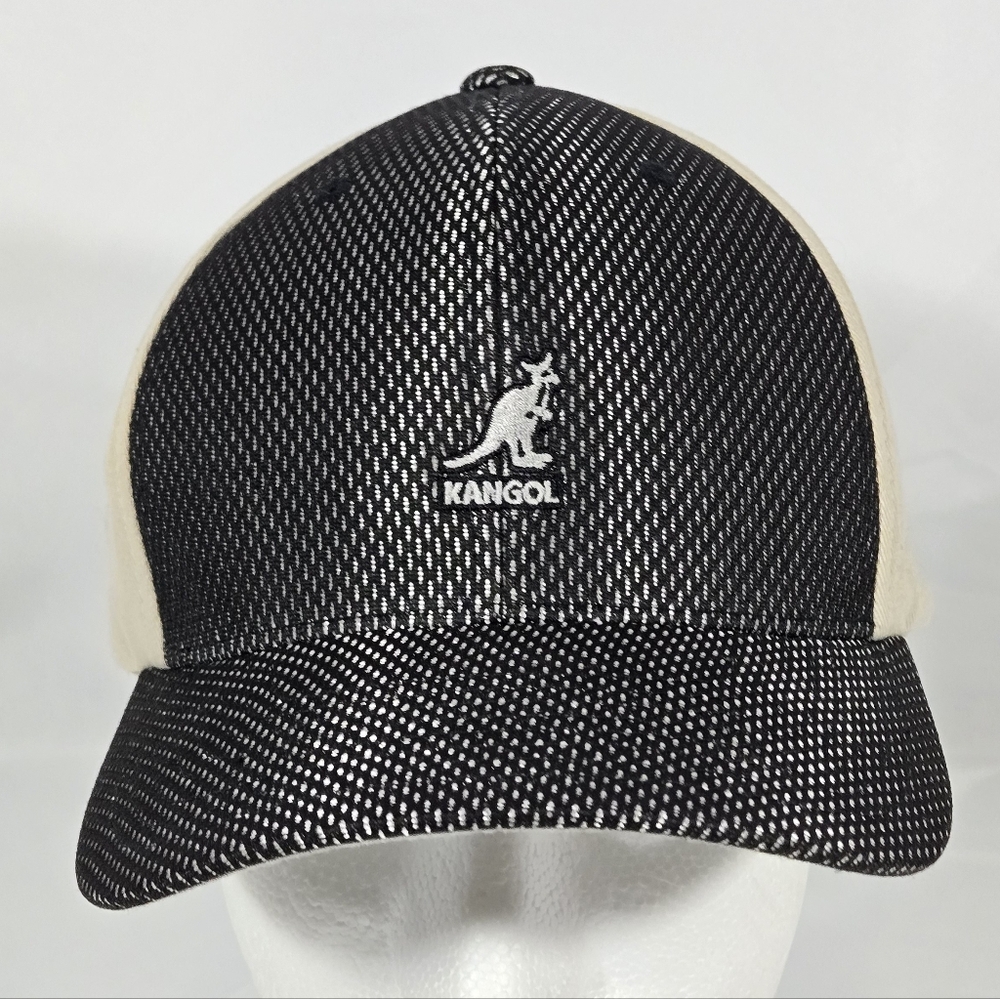 KANGOL Logo Hat Flex Fit Fitted Baseball Cap L-XL- Black /Tan Double Mesh